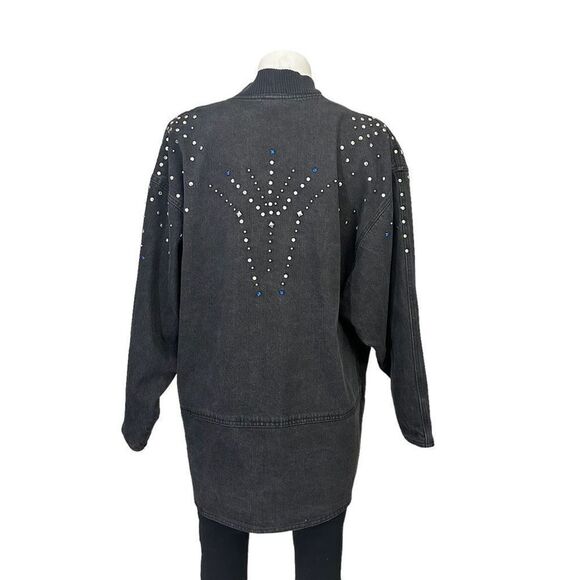 TRASH CLOTHING Vintage 90s Black Acid Washed‎ Studded & Beaded Denim Jacket sz L - Picture 7 of 9